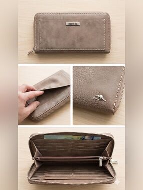 Roots 73 Zip Wallet in Taupe Leather with Silver Plaque